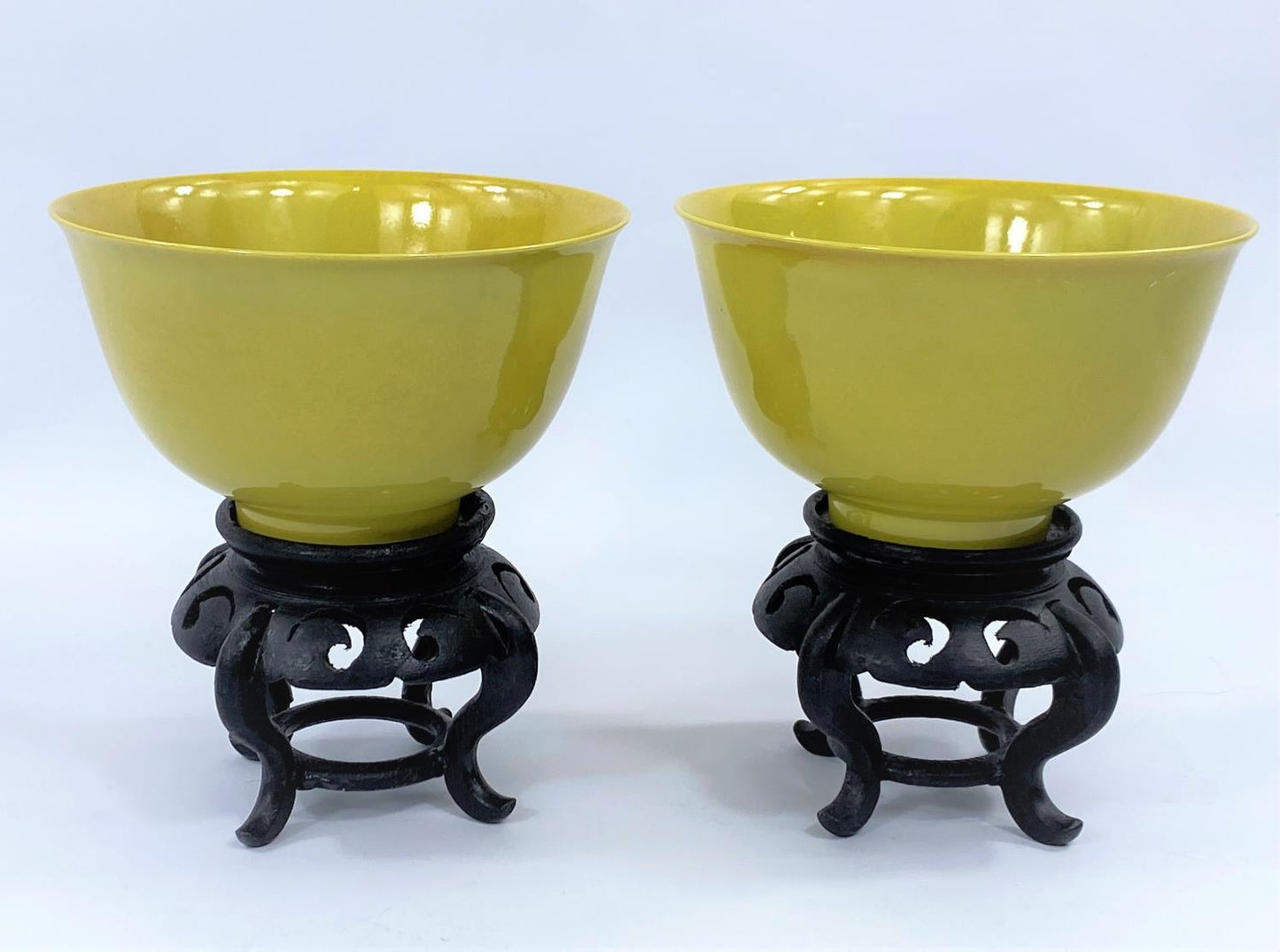 Pair of Chinese Imperial Yellow Rice Bowls, on Hardwood Stands - Objets de Vertu