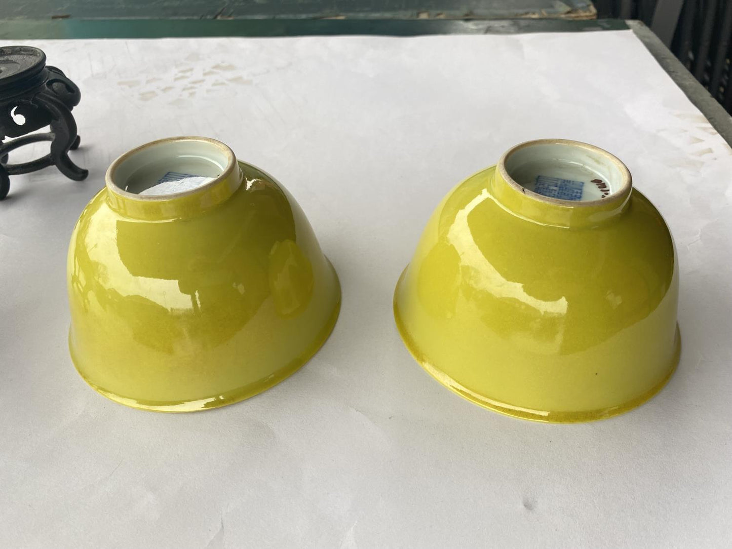 Pair of Chinese Imperial Yellow Rice Bowls, on Hardwood Stands - Objets de Vertu